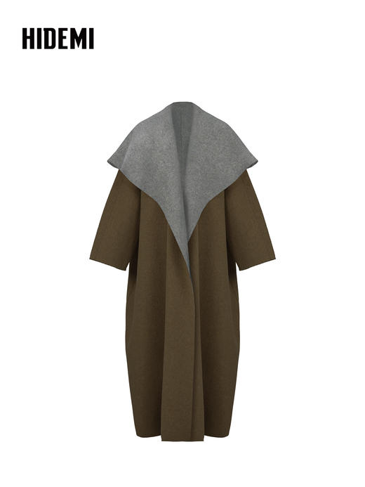 HIDEMI 进口澳洲美利奴双面双色长毛羊毛大翻领茧型大廓形大衣 商品图9