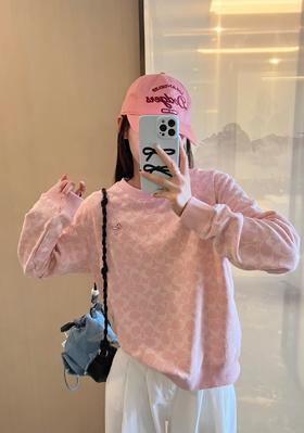 蔻家粉色满印小恐龙卫衣刺绣提花卫衣