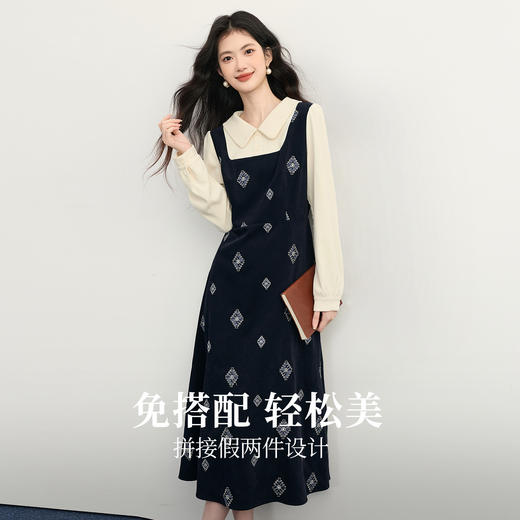 【12/03新品】熙世界伯爵千金感假两件连衣裙女秋冬民族风刺绣收腰POLO领长裙子 商品图1