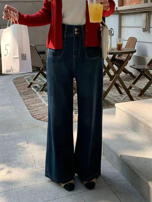 D120223一件过冬~冬季新款加绒复古高腰双口袋垂感显瘦直筒阔腿牛仔裤 商品图6