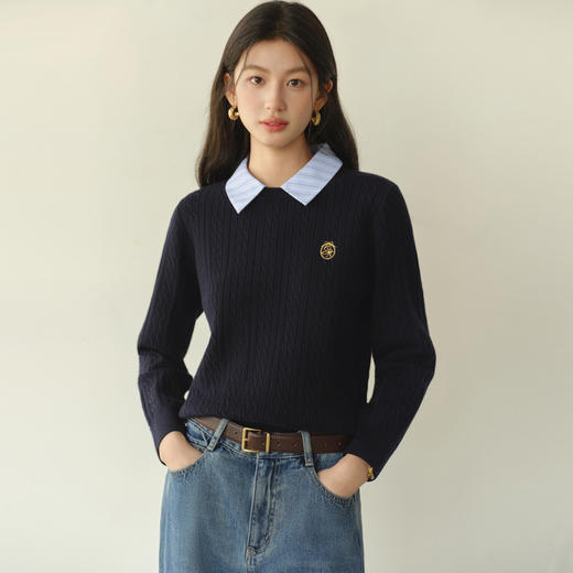 【严选】诗凡黎可脱卸领金扣麻花针织衫2025冬新款学院风针梭拼套头毛衣7GC133451 商品图2