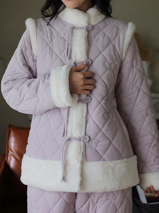 松植屋冬季女款加绒睡衣套装三层夹棉加厚保暖家居服可外穿棉袄 商品图3