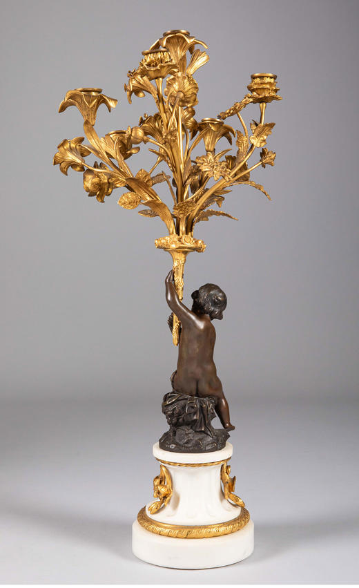 独角鹿西洋古董19世纪法国出品路易十六风格花卉主题铜鎏金雕饰大理石底座嵌青铜小天使多支烛台一对 商品图2