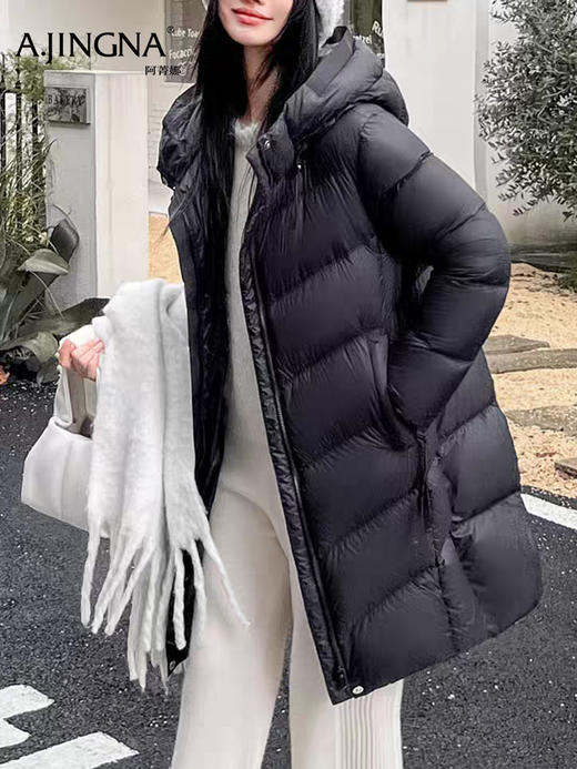 【 连帽立领】阿菁娜冬季新款显瘦中长款羽绒服连帽立领双倍暖直身剪裁松弛感高蓬松鸭绒F30D216022 商品图4