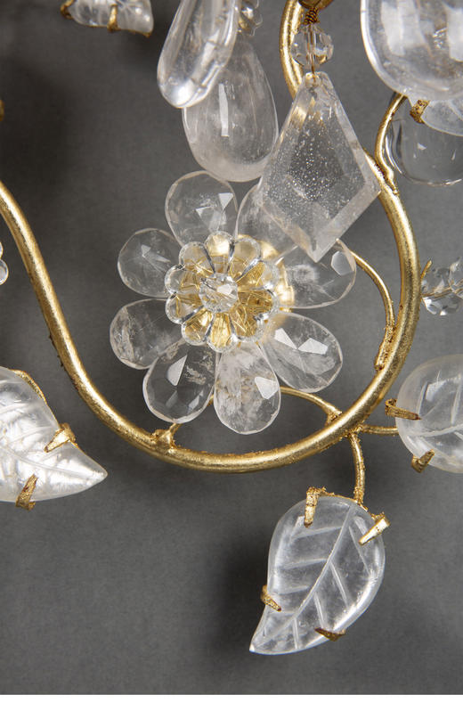 独角鹿西洋古董20世纪美国出品铜鎏金精雕嵌水晶「花间鹦鹉」造型双枝头烛台式壁灯一对 商品图7