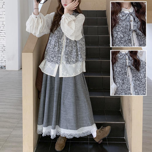 裁缝学苑AH96复古日系绑带马甲衬衣半身裙套装纸样女装三件套样板图纸 商品图3