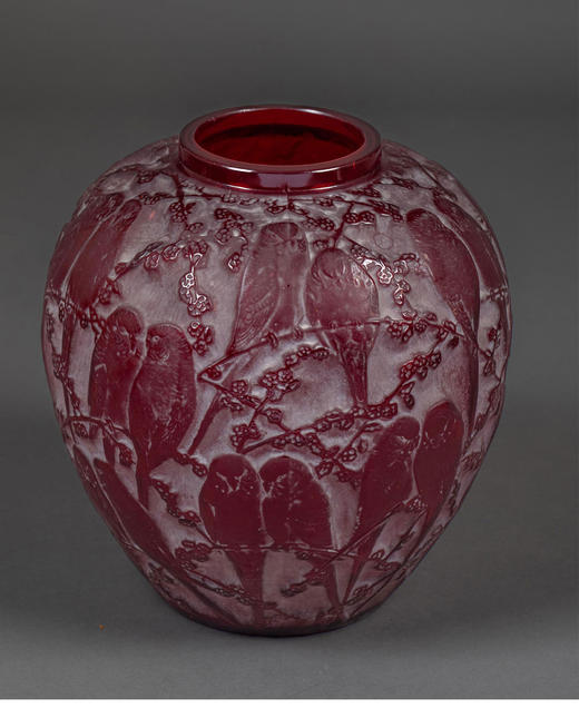 独角鹿西洋古董1919年法国出品「Perruches 爱情鸟」款红色水晶花瓶 商品图1