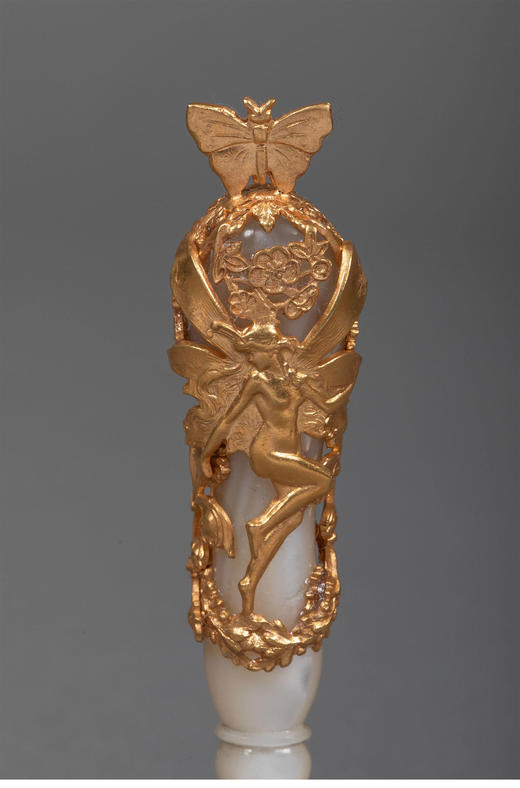 独角鹿西洋古董20世纪初法国出品新艺术风格蝴蝶仙子主题铜鎏金精雕镶嵌母贝火漆印章 商品图4