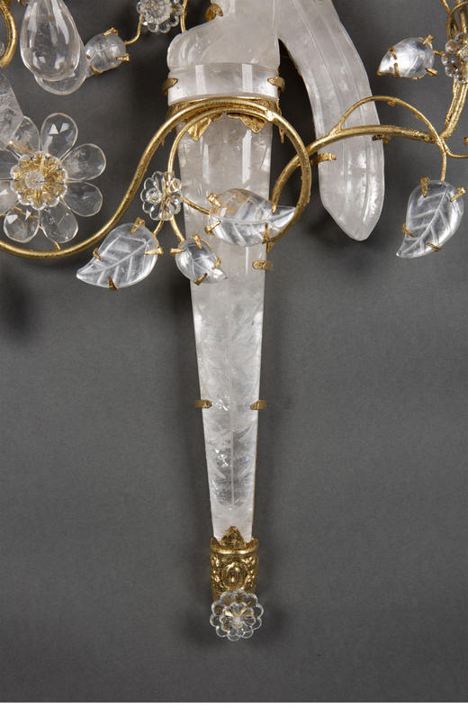 独角鹿西洋古董20世纪美国出品铜鎏金精雕嵌水晶「花间鹦鹉」造型双枝头烛台式壁灯一对 商品图3