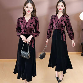QYM SMAT99通勤风假两件V领印花连衣裙收腰显瘦气质淑女A字裙