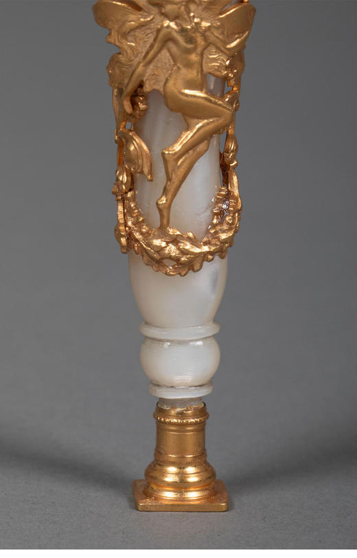 独角鹿西洋古董20世纪初法国出品新艺术风格蝴蝶仙子主题铜鎏金精雕镶嵌母贝火漆印章 商品图5