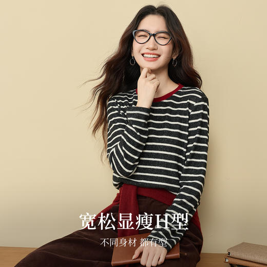 【12/03新品】熙世界航海系撞色条纹针织衫女2025秋冬新款长袖套头圆领绒感毛衣 商品图1