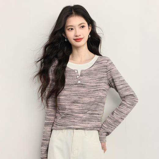 【12/03新品】熙世界假两件亨利领针织T恤女长袖宽松休闲打底上衣2025秋冬新款 商品图4