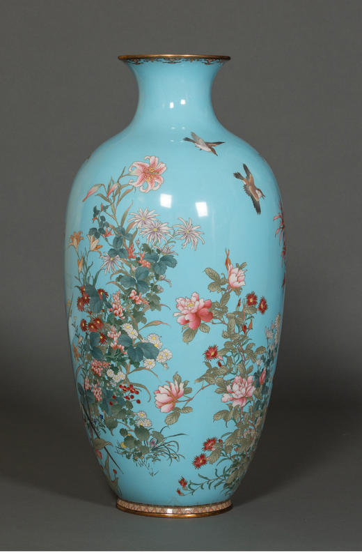 独角鹿西洋古董19世纪日本明治时期出品百卉珍禽主题蓝地七宝烧花瓶 商品图2