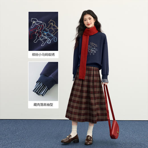 【年货节】熙世界小马图案刺绣磨绒卫衣女2025年秋冬慵懒长袖圆领上衣ins潮 商品图3