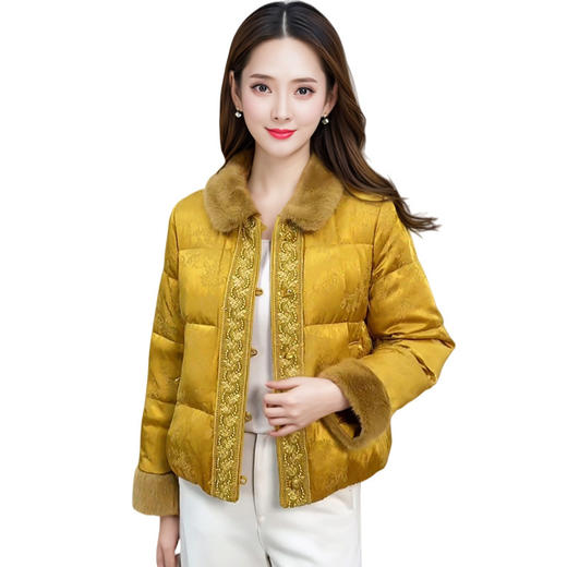 QYMXYKL-59132新中式刺绣复古国风时尚缎面短款羽绒服女宽松显瘦白鸭绒保暖外套 商品图4