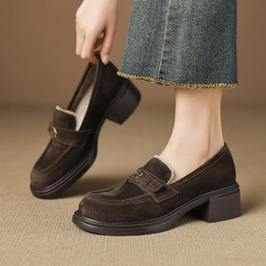 【预售5天】5cm加绒厚底小皮鞋，大码粗跟乐福鞋高跟保暖单鞋ASZ-KL766R 商品图0