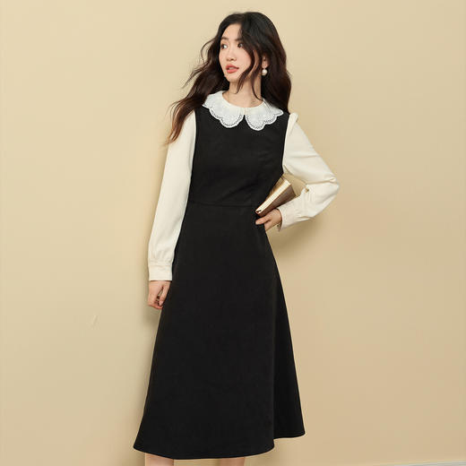 【12/03新品】熙世界法式通勤假两件磨毛连衣裙女秋冬气质高级感娃娃领长袖裙子 商品图4