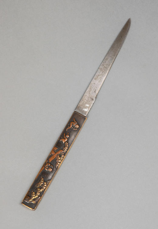 独角鹿西洋古董1603-1868年代日本江户时期出品东方瑞兽主题铜鎏金银精雕装饰漆木刀鞘及鲛皮手柄胁差 配小刃 商品图4