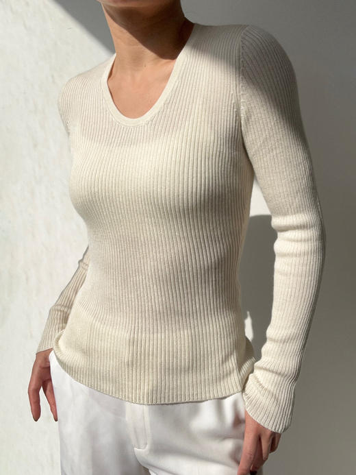 Puree｜#1970 Ribbed Basics Deep U 深圆领 精纺丝羊绒罗纹打底 [  白 / 黑  ] 商品图0