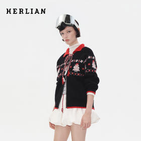 Herlian2025冬季新品圣诞树图案提花拼色针织外套