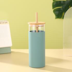 出口品质 创意竹盖玻璃吸管杯 随手杯 硅胶防烫杯套 大容量饮水杯