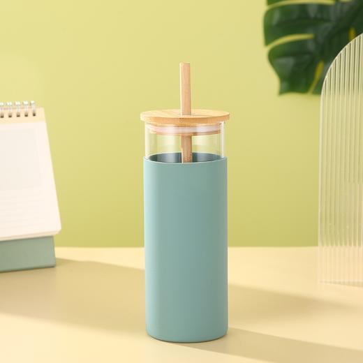 出口品质 创意竹盖玻璃吸管杯 随手杯 硅胶防烫杯套 大容量饮水杯 商品图0