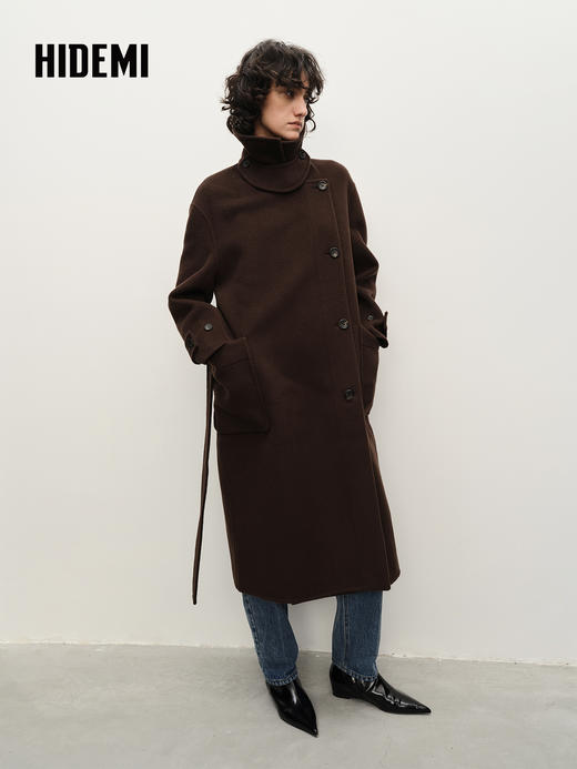 HIDEMI 进口澳洲美利奴羊毛不对称立领腰带极简设计感长款大衣 商品图5