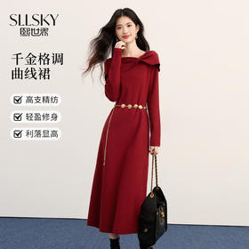 【12/03新品】熙世界2025冬季圣诞千金赫本红色蝴蝶结一字领针织连衣裙氛围感女