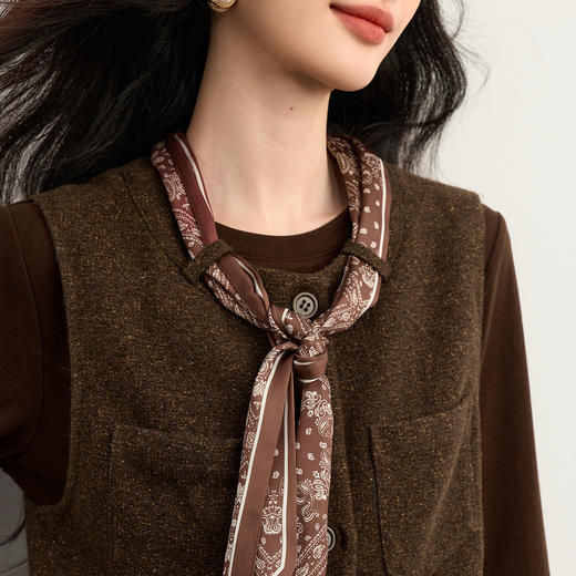 【12/03新品】熙世界轻熟小香风丝巾马甲棕色长袖连衣裙两件套装女2025秋冬新款 商品图4