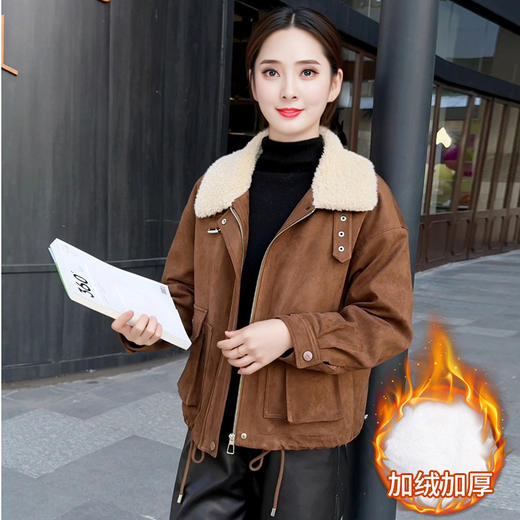 QYMXYKL-59142加绒加厚保暖短外套女2025年冬季新款宽松休闲小个子上衣咖色棉服 商品图1