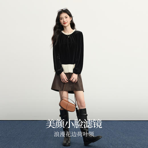 【12/03新品】熙世界鎏光复古丝绒衬衫女秋冬新款法式撞色荷叶边宽松假两件上衣 商品图2