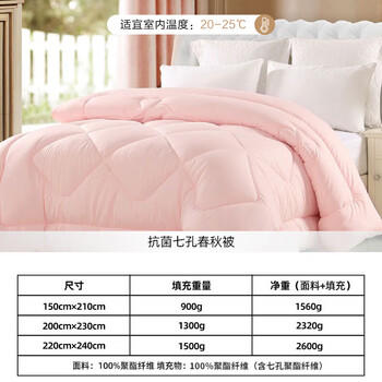 水星家纺被子春秋被秋冬被子被芯抗菌纤维被褥约3.1斤150*210cm粉 商品图0
