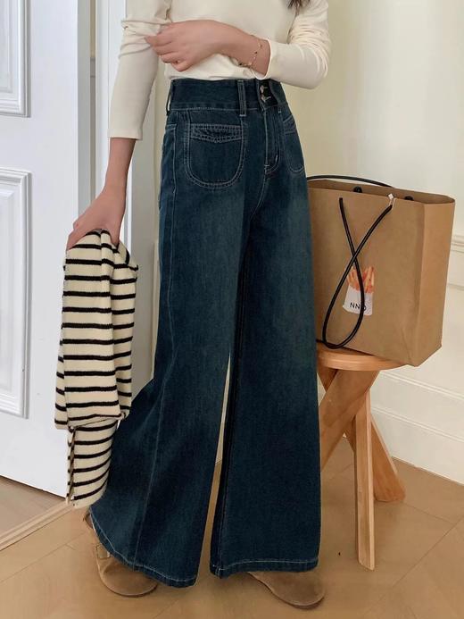 D120223一件过冬~冬季新款加绒复古高腰双口袋垂感显瘦直筒阔腿牛仔裤 商品图5