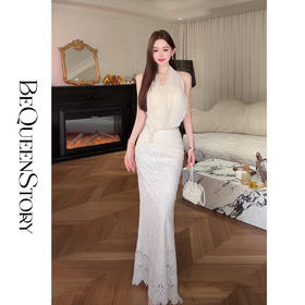 【孤品样衣，不退不换】【月神仙姿】重工气质挂脖上衣&亮片鱼尾流苏半裙套装