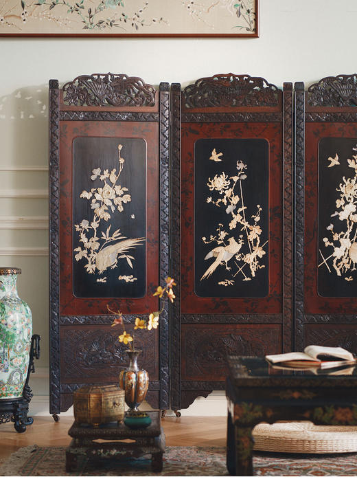 独角鹿西洋古董19世纪末20世纪初日本明治时期出品硬木镂雕「花卉珍禽」主题芝山镶嵌屏风 商品图1