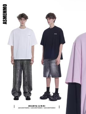 ASMEMMO咦哇•“白开水情书”绣花压褶T恤纯棉圆领短袖上衣修身潮