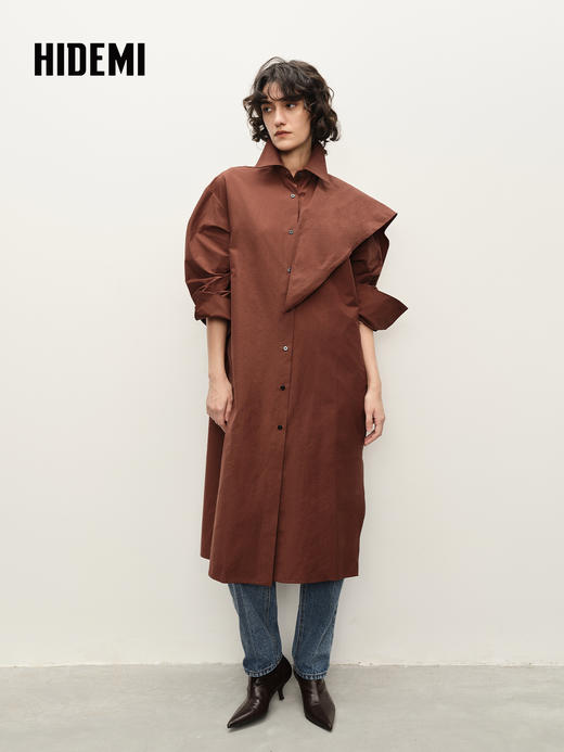 HIDEMI 棕红色廓形衬衫裙附送分体三角巾 商品图3