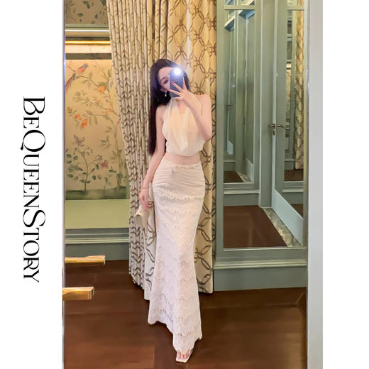 【孤品样衣，不退不换】【月神仙姿】重工气质挂脖上衣&亮片鱼尾流苏半裙套装 商品图2