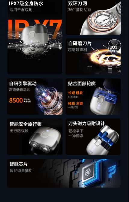 JEEP美国吉普便携剃须刀电动刮胡刀旋转充电式迷你全身防水 男生情人节父亲节礼物 陨石灰礼盒装 商品图2