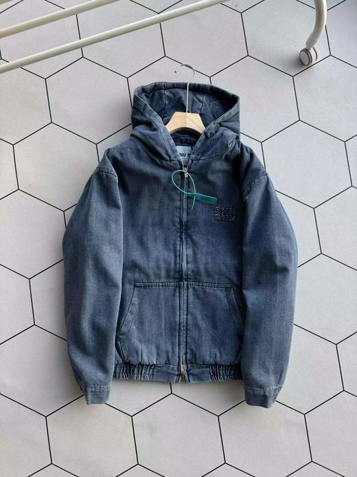 D120204纯色字母Logo连帽拉链宽松水洗牛仔棉服外套 商品图1