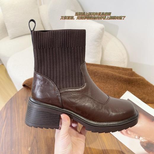 【秋冬真皮粗高跟切尔西马丁靴】复古厚底短靴，秋冬时尚新宠！法式方头设计，脚口弹力袜靴！穿脱便捷，百搭不挑人！【KH-J】 商品图5