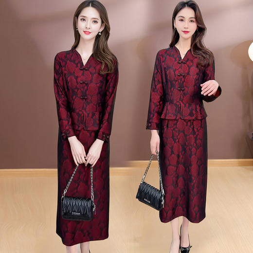 QYM SMAT108国风长袖连衣裙假两件修身显瘦印花喜庆风裙 商品图1