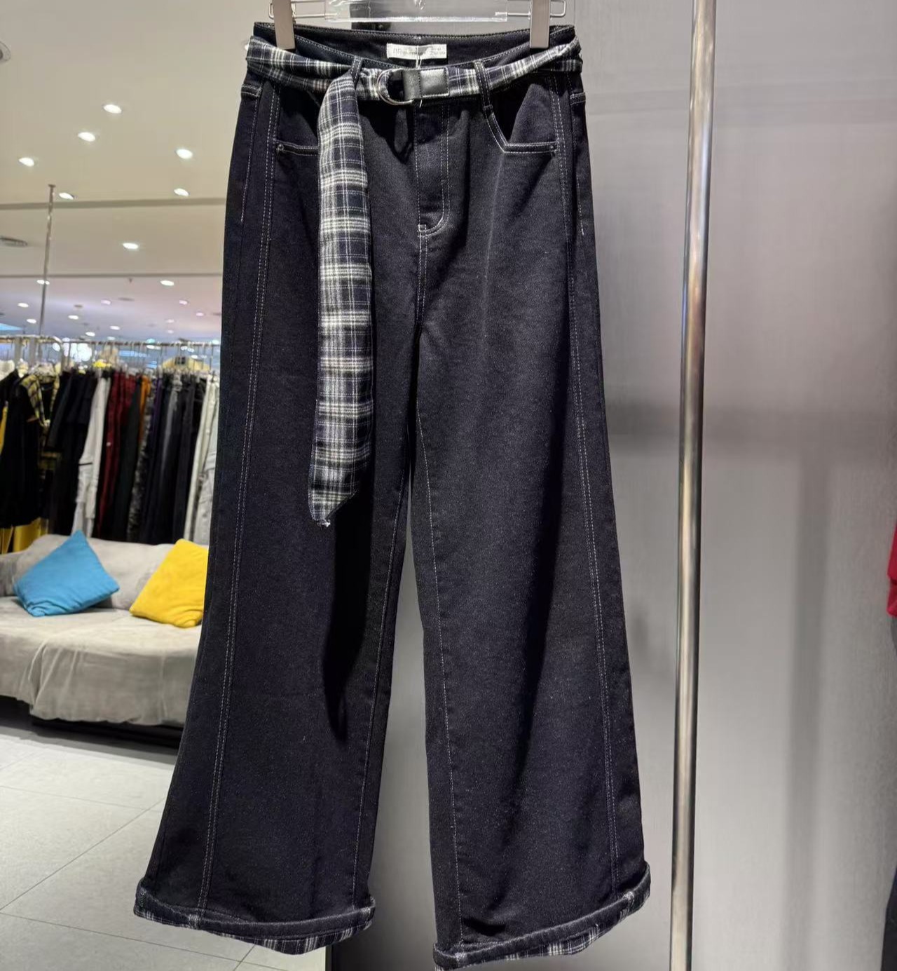 PNC撞格子腰头加绒牛仔阔腿裤51001冬季052664022009