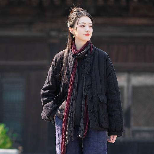 25棉麻文艺复古拼色盘扣宽松压条立领短款棉袄女亚麻夹棉加厚棉衣 商品图2