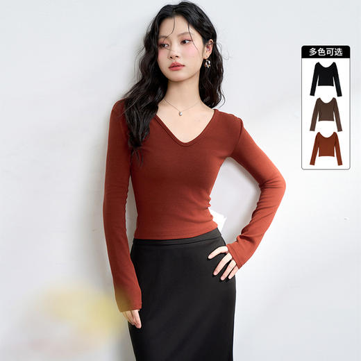 西遇T恤新款纯欲辣妹风纯色v领露背短款修身长袖打底衫P0043129 商品图0