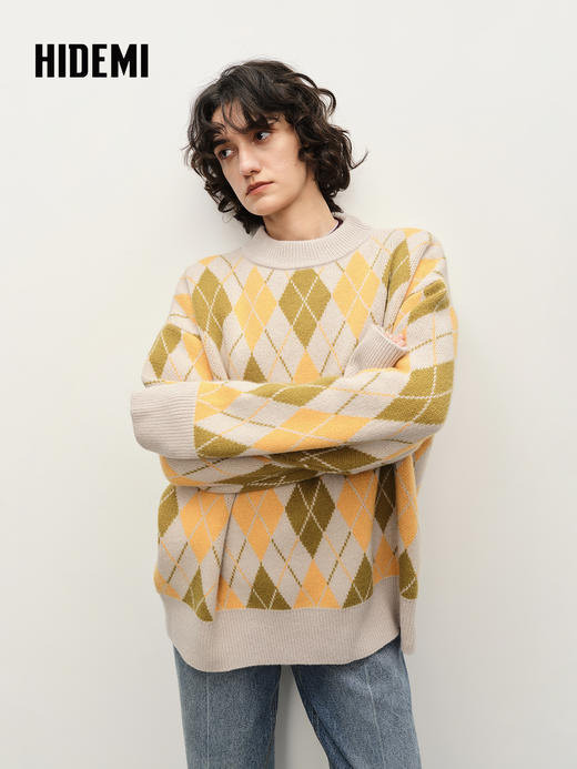 HIDEMI 进口澳洲美利奴羊毛设计感手绘菱格撞色加厚廓形套头大毛衣  蓝灰棕 商品图1