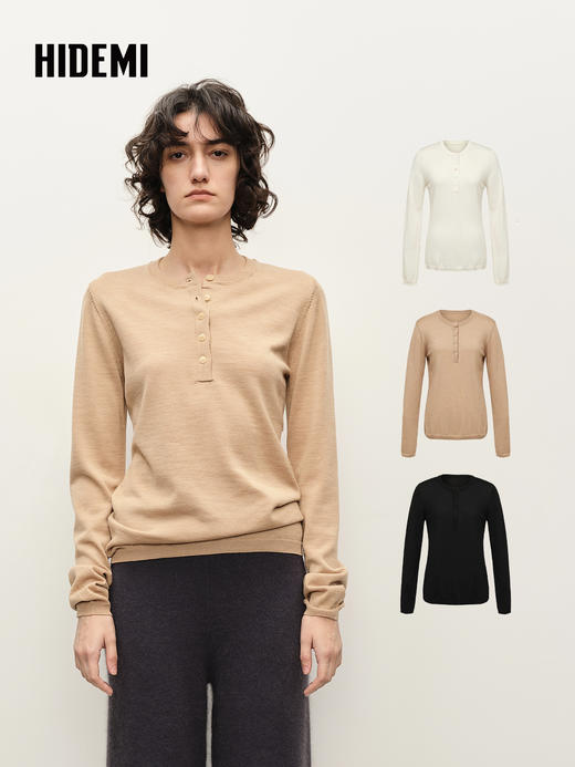 HIDEMI 美丽奴羊毛系列纽扣圆领毛衣 商品图0