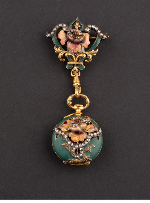 独角鹿西洋古董1900年代美国出品新艺术风格花卉主题18k黄金红色玑镂珐琅镶嵌钻石手动上弦胸针怀表 商品图2