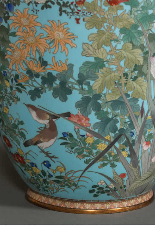 独角鹿西洋古董19世纪日本明治时期出品百卉珍禽主题蓝地七宝烧花瓶 商品图6